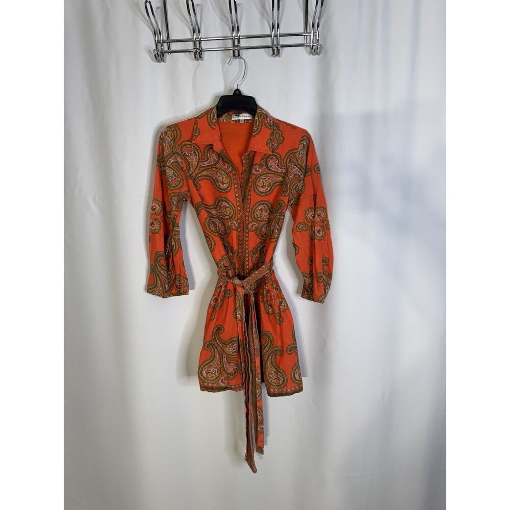 Cara Cara Claudine Mini Dress Size 4 Orange Paisley Belted Long Sleeve MSRP $495